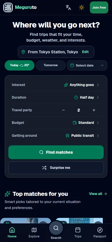 Meguruto's mobile trip discovery interface showing travel preferences and destination matches.