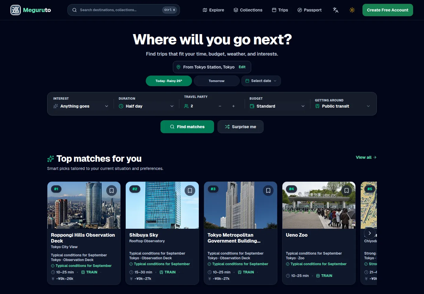 Meguruto's trip discovery screen with travel preferences and destination matches.